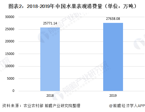 图表2：2018-2019年中国水果表观消费量（单位：万吨）