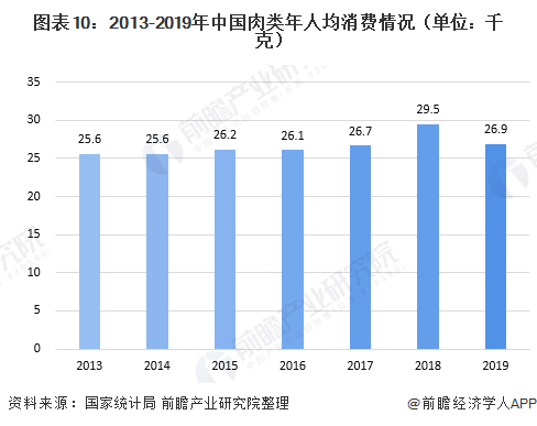 图表10：2013-2019年中国肉类年人均消费情况（单位：千克）