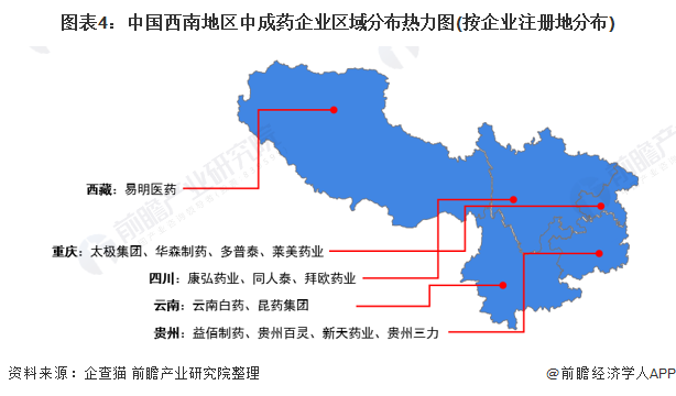 图表4：中国西南地区中成药企业区域分布热力图(按企业注册地分布)