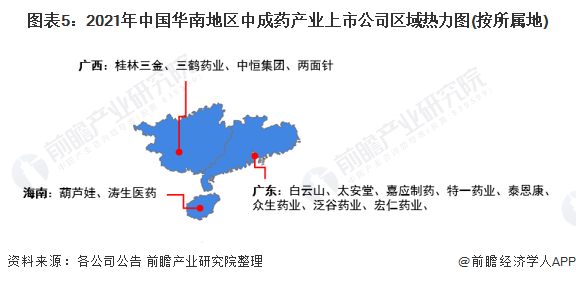 图表5：2021年中国华南地区中成药产业上市公司区域热力图(按所属地)
